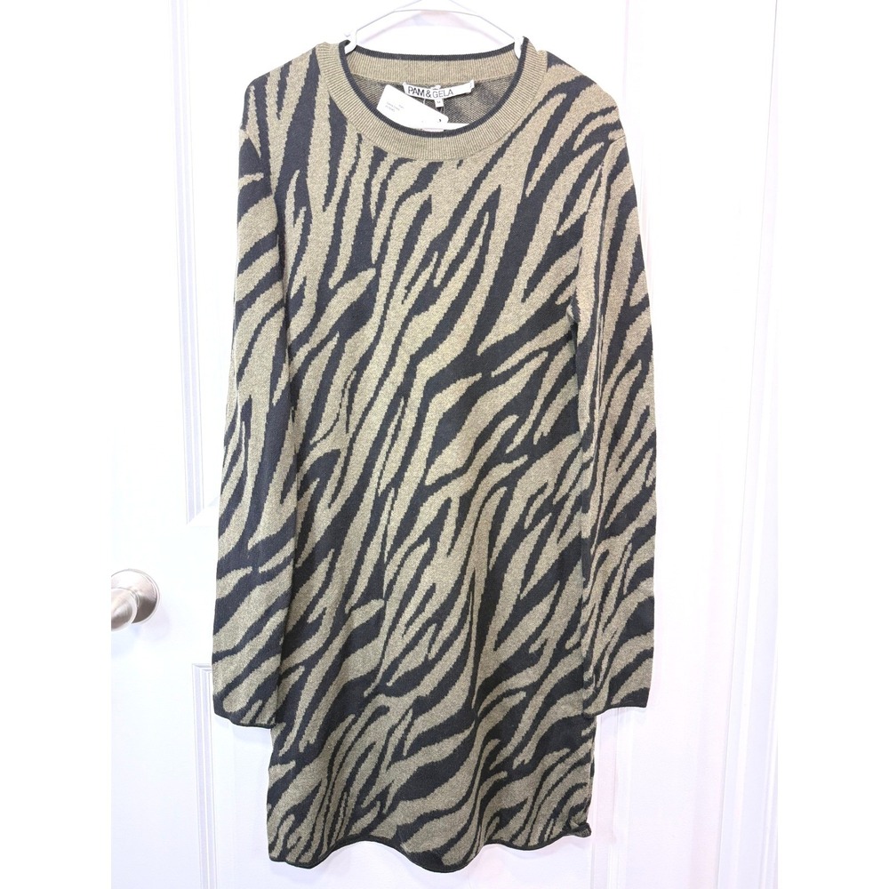 NEW Pam & Gela Tiger Stripe Sweater Dress M Olive Green Silk Cotton‎ Mini Chic